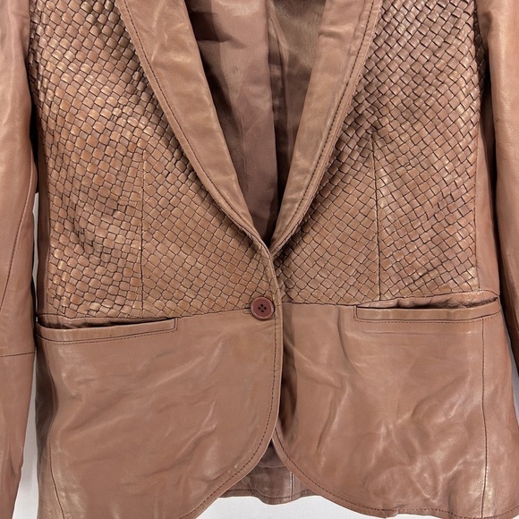 REISS Tan Leather Blazer Jacket Basketweave Textured size medium - Picture 4 of 9